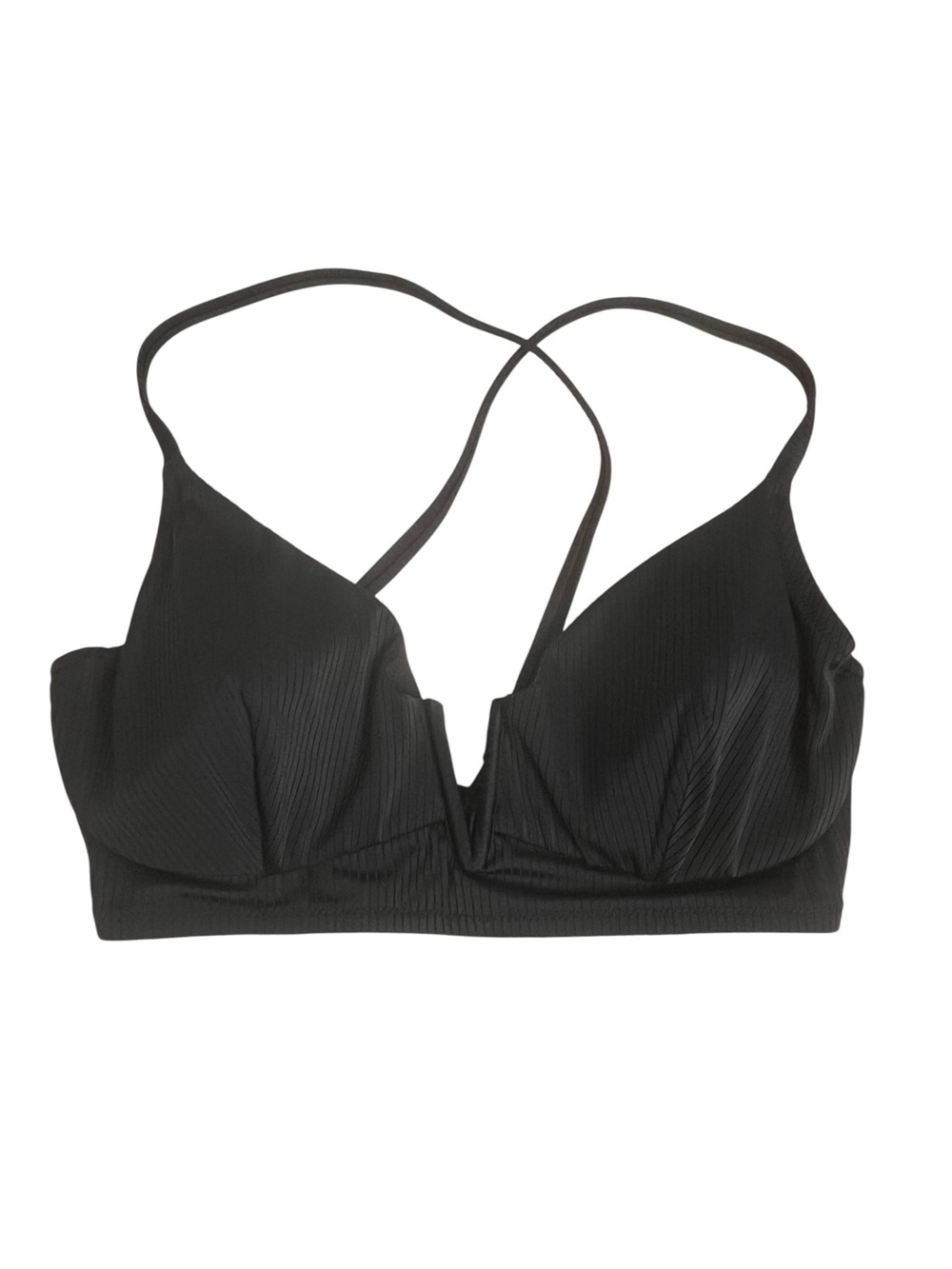 Shade & Shore Black Ribbed V-Wire Longline Bikini Top Crisscross 36D
